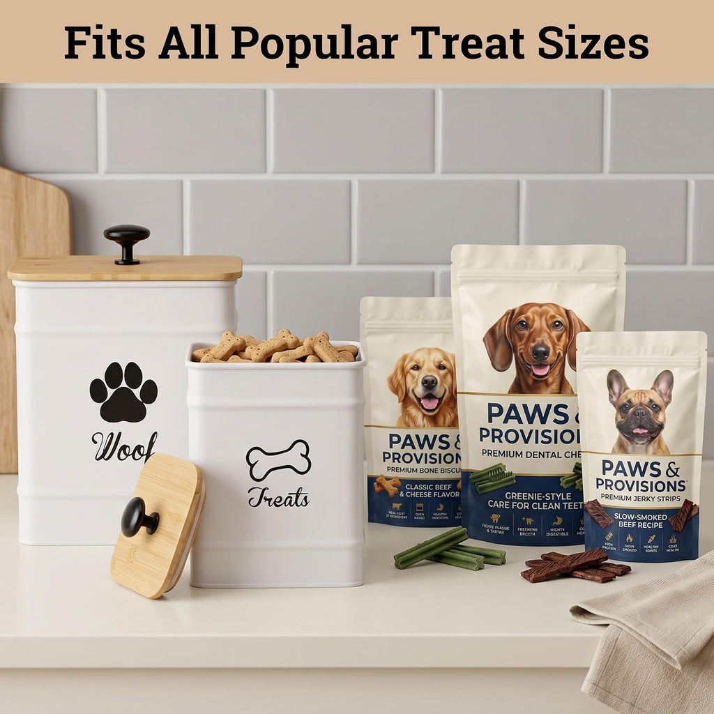 Dog Treat Container Set of 2 with Airtight Bamboo Lids - 8x6 & 7x5 inch | Fits All Popular Treats, Up to 20 Cups Combined Capacity, Airtight Bamboo Lid, Easy Open Lid, Dent-Resistant Durable Metal