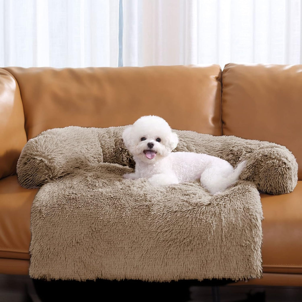 HACHIKITTY Calming Pet Sofa Bed Mat, Washable Fluffy Couch Cover for Dogs and Cats, Anti-Slip Bottom (30"x 27"x 6", Camel)