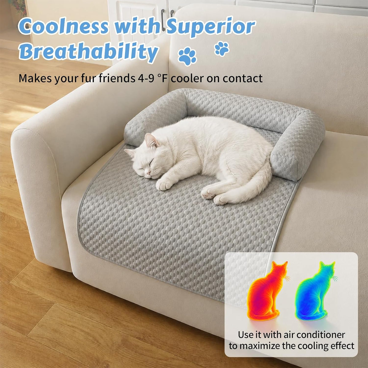 Cooling Pet Bed Mats with Neck & Head Support, 31.5 x 23.62 inch Grey