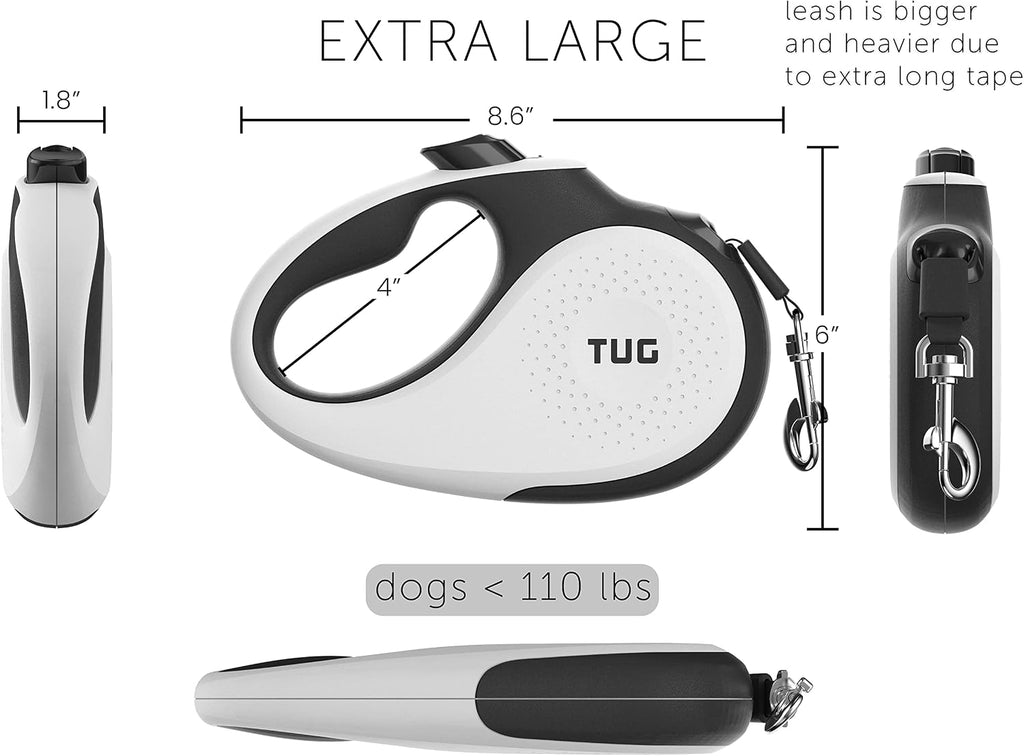 TUG XL Retractable Dog Leash, 26 ft (Extra Large, White)