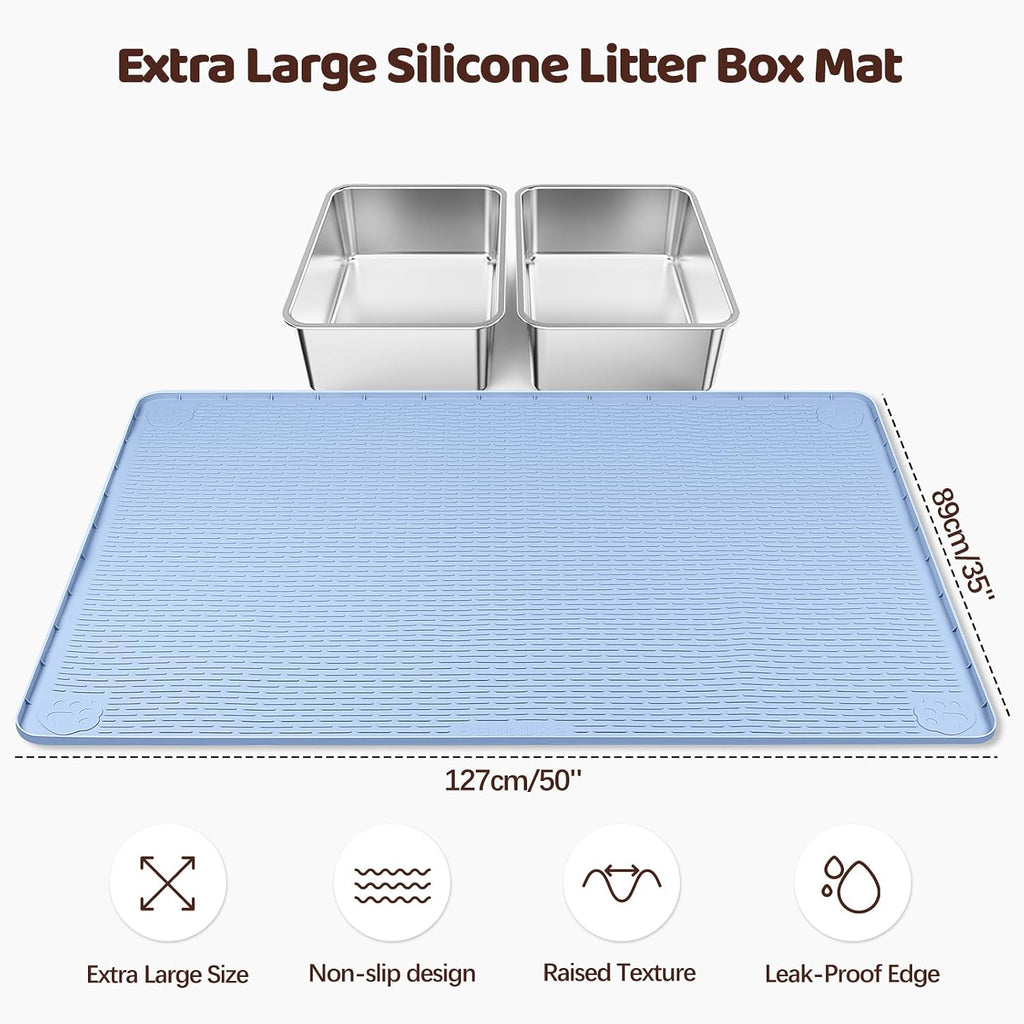 Silicone Cat Litter Mat for Litter Box 50”x35” Large Cat Mat, Blue | Waterproof, Non-Slip, Leak-Proof Rug Mat with Lip, Easy to Clean, Extra Large Litter Catcher Mat for Floor