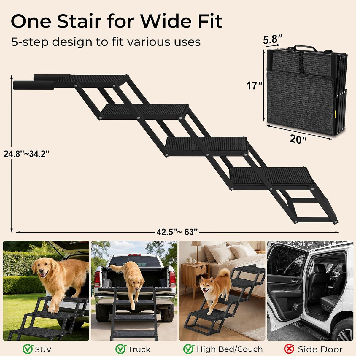 URPOWER Dog Stairs for Large Dogs Extra Wide 20" with 5-Step Dog Ramp Steps