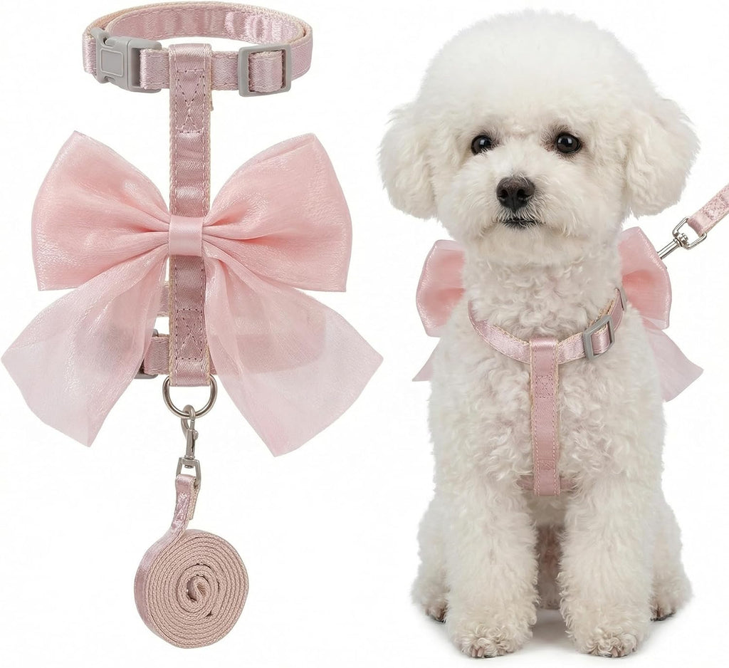 Pink Leash and Bow H-Shaped Design Harness for Small Cats Dogs, Proof Soft Adjustable Vest Easy Control Breathable Harnesses for Small Cats Dogs (M 8-15LBS)