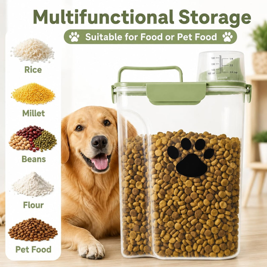 5-7Lbs Dog Cat Food Storage Container with cleaning brush, Measuring Cup,4 Snap Seals, Portable Pet Food Containers with Upgraded Large Nozzle for Dogs,Cats,Birds,Small Animals(Large-Green)