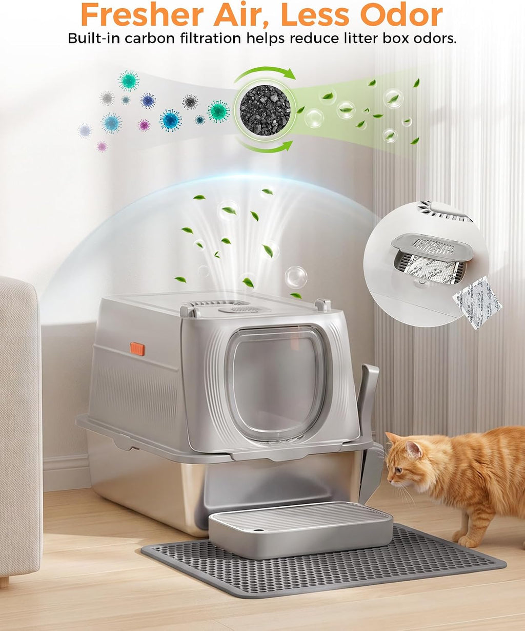 GTPLAYER XL Stainless Steel Cat Litter Box with Lid, High Sided Enclosed Cat Litter Box, Activated Carbon Odor Control, Extra Large Metal Litter Box, Anti-Leak, with Mat & Step, Slate Gray