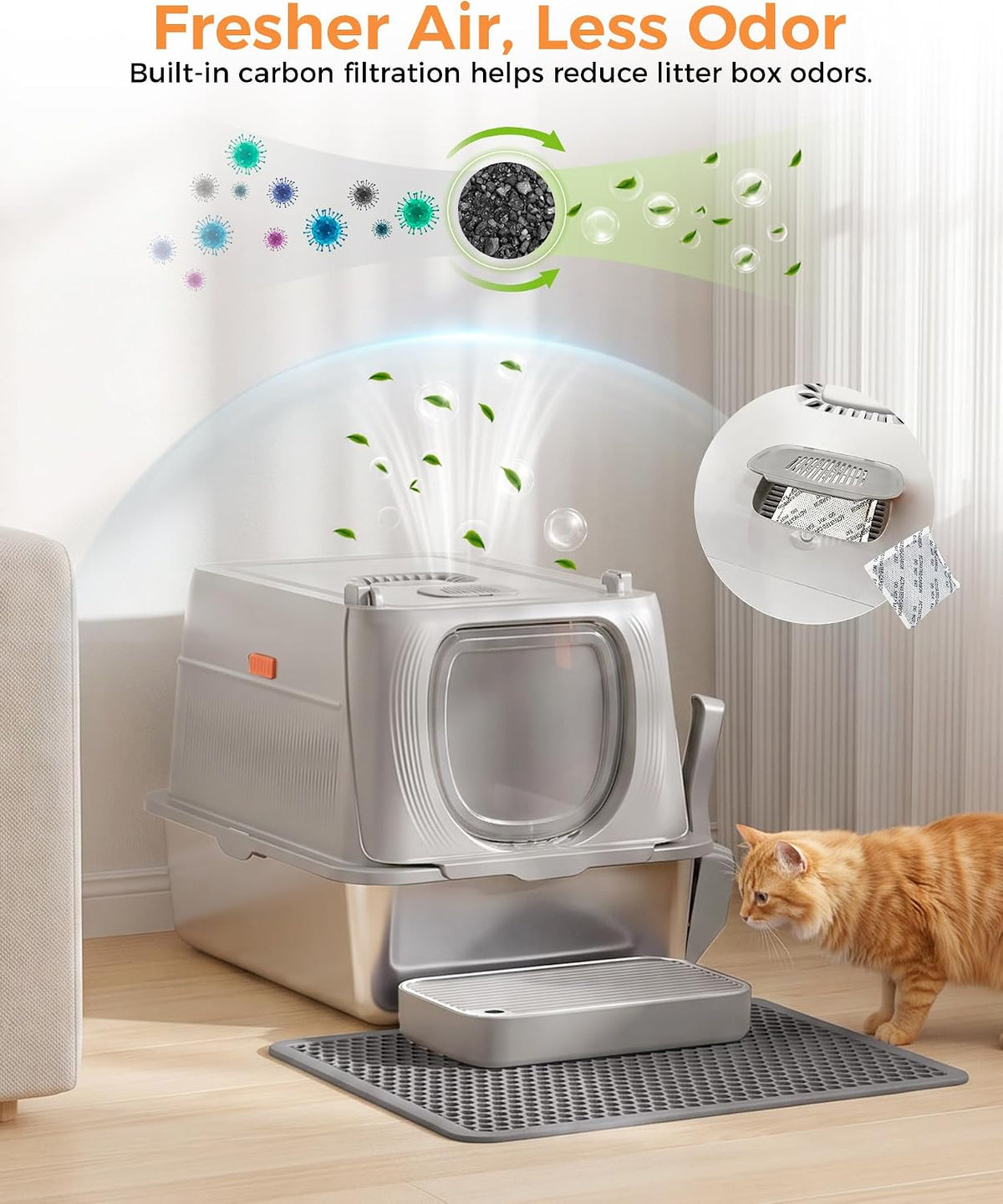 GTPLAYER XL Stainless Steel Cat Litter Box with Lid, High Sided Enclosed Cat Litter Box, Activated Carbon Odor Control, Extra Large Metal Litter Box, Anti-Leak, with Mat & Step, Slate Gray