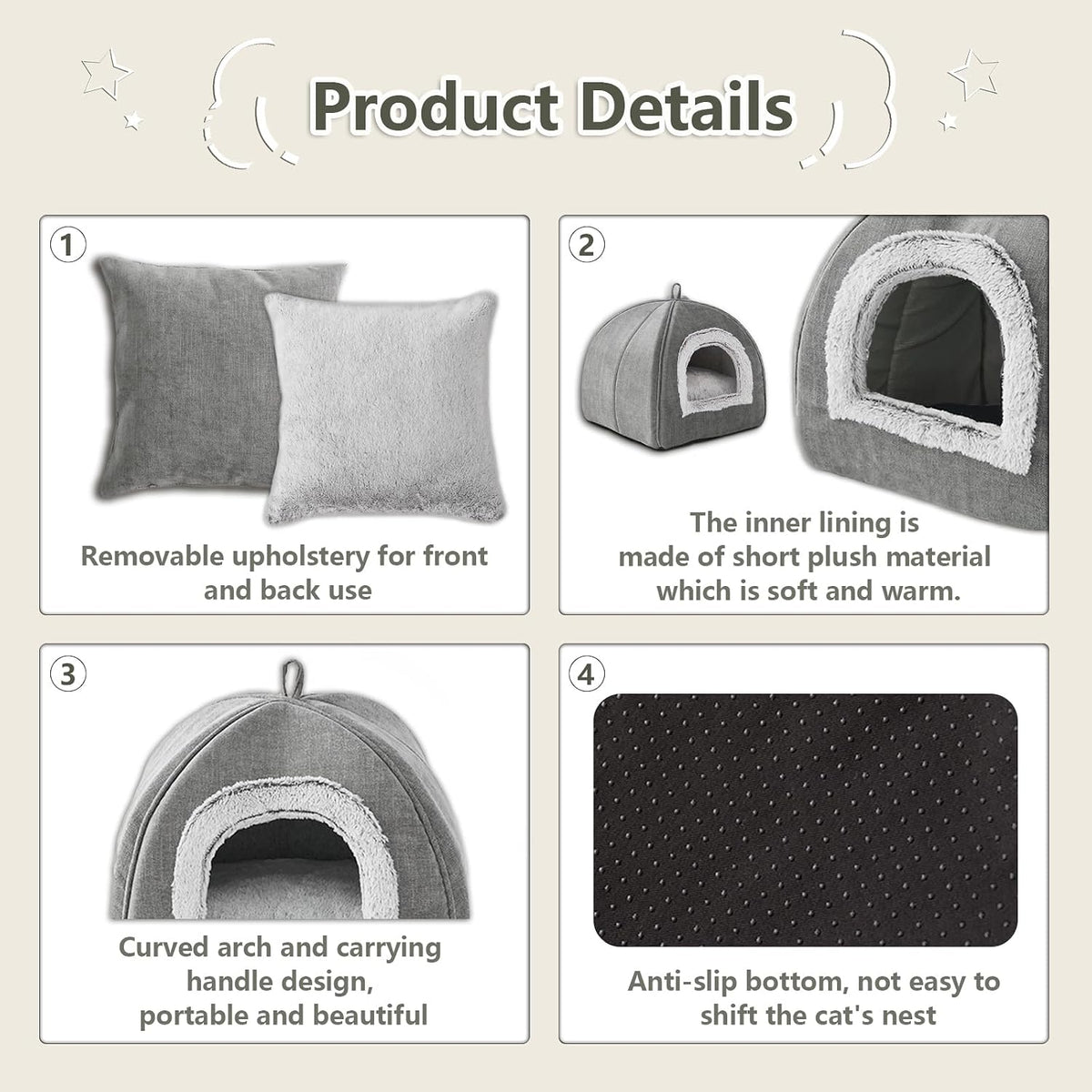 Cat Bed Cave-Cat Beds for Indoor Cats,Kittens and Small Pets,Soft and Warm Cats House Tent Bed,Foldable and Washable with Removable Cushioned and Anti Slip Bottom,Grey 15inches