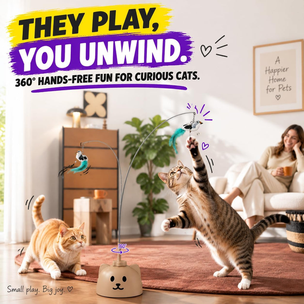 Interactive Cat Toys for Indoor Cats: Automatic Flying Bird Cat Toy with 360° Feather Wand, Strong 8cm Suction Cup, USB Rechargeable Self-Play Cat Toy for Bored Kittens & Adult Cats