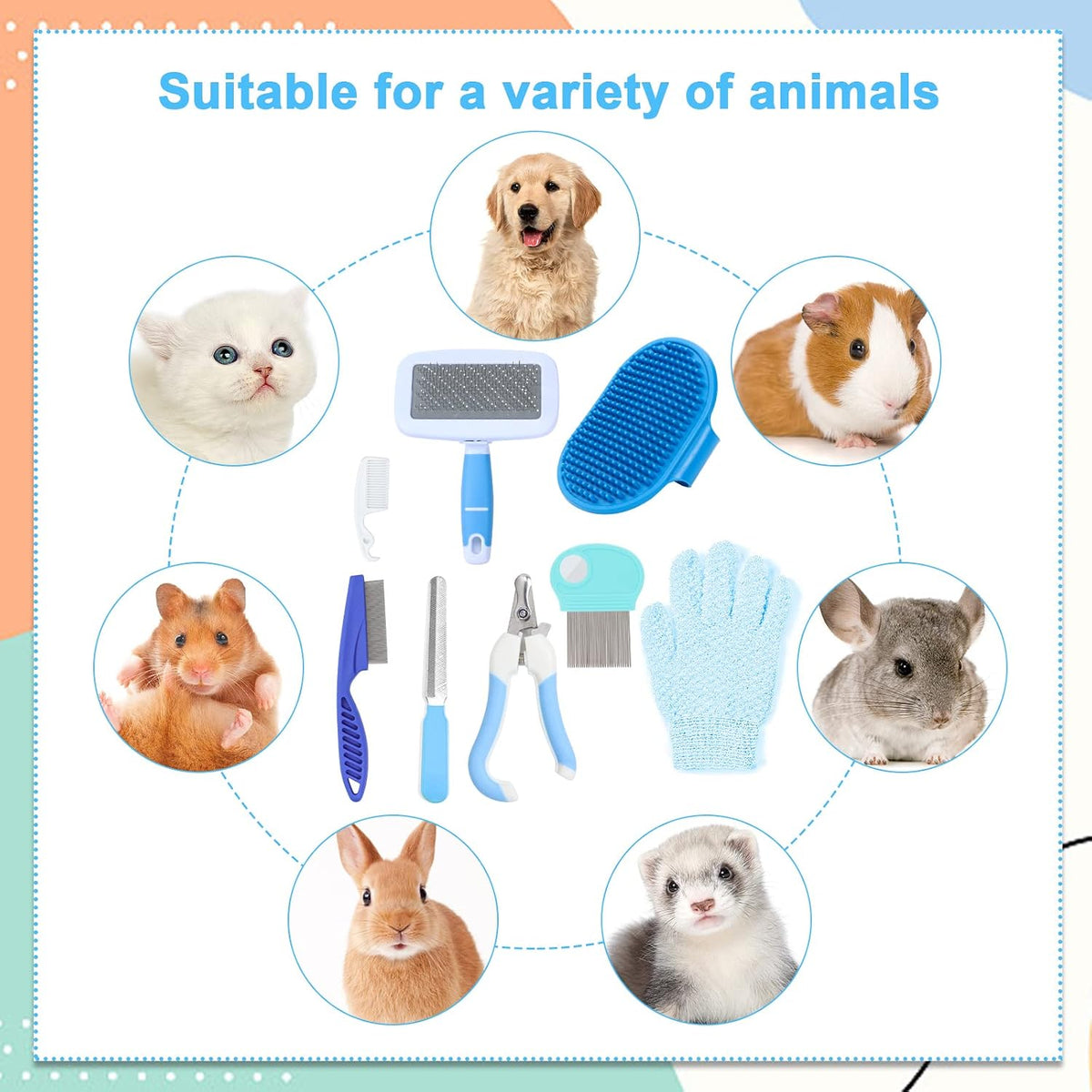 VCZONE Small Animal Grooming Set: Pet Nail Clipper & File, Flea Comb, Shampoo Brush, Shedding Slicker Brush, Massage Glove, Cleaning Comb (Blue)