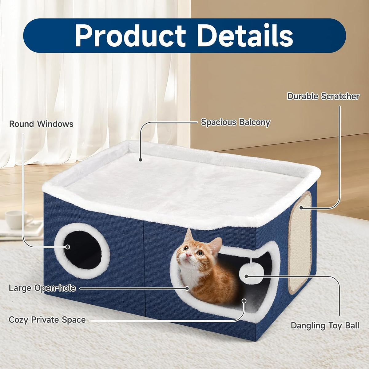 Shikha Extra Large Cat House Bed for Multi Cats with Scratch Pad Blue