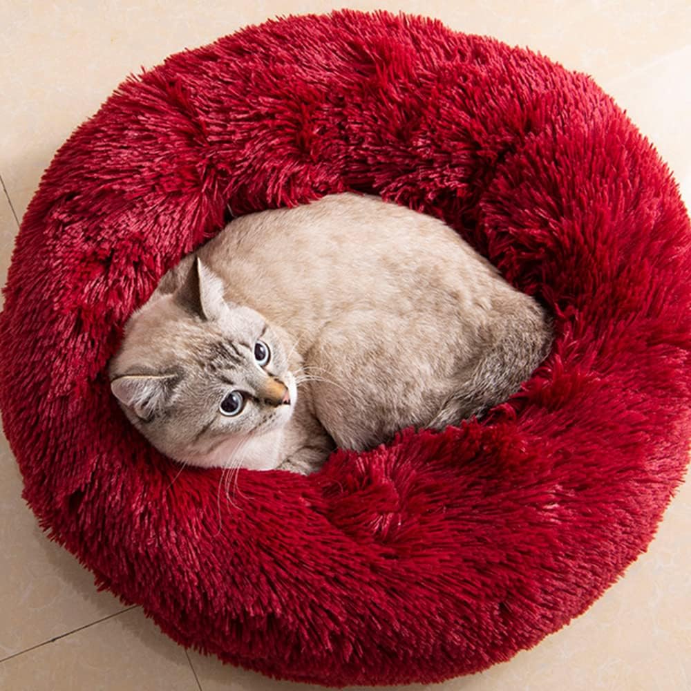 Cat Beds for Indoor Cats - Cat Bed Washable 20/24 inches, Dog Beds for Small Medium Dogs, Anti Anxiety Round Fluffy Plush Faux Fur Cat Bed, Thick Bottom (Red, Medium)