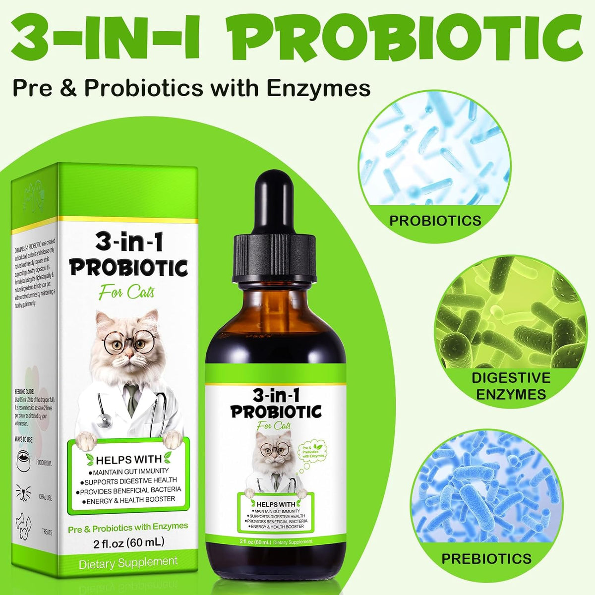 3 in 1 Probiotics for Cats Help with Gut, Upset Stomach, Diarrhea, Bloating