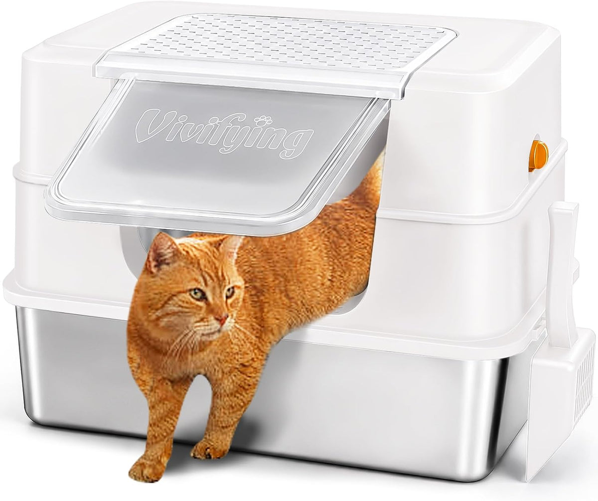 Vivifying XL Enclosed Stainless Steel Cat Litter Box with Lid, Beige | Spacious High-Sided Design with Removable Front Flap, Three Setup Modes, Scoop, and Easy-Clean Stainless Steel Pan