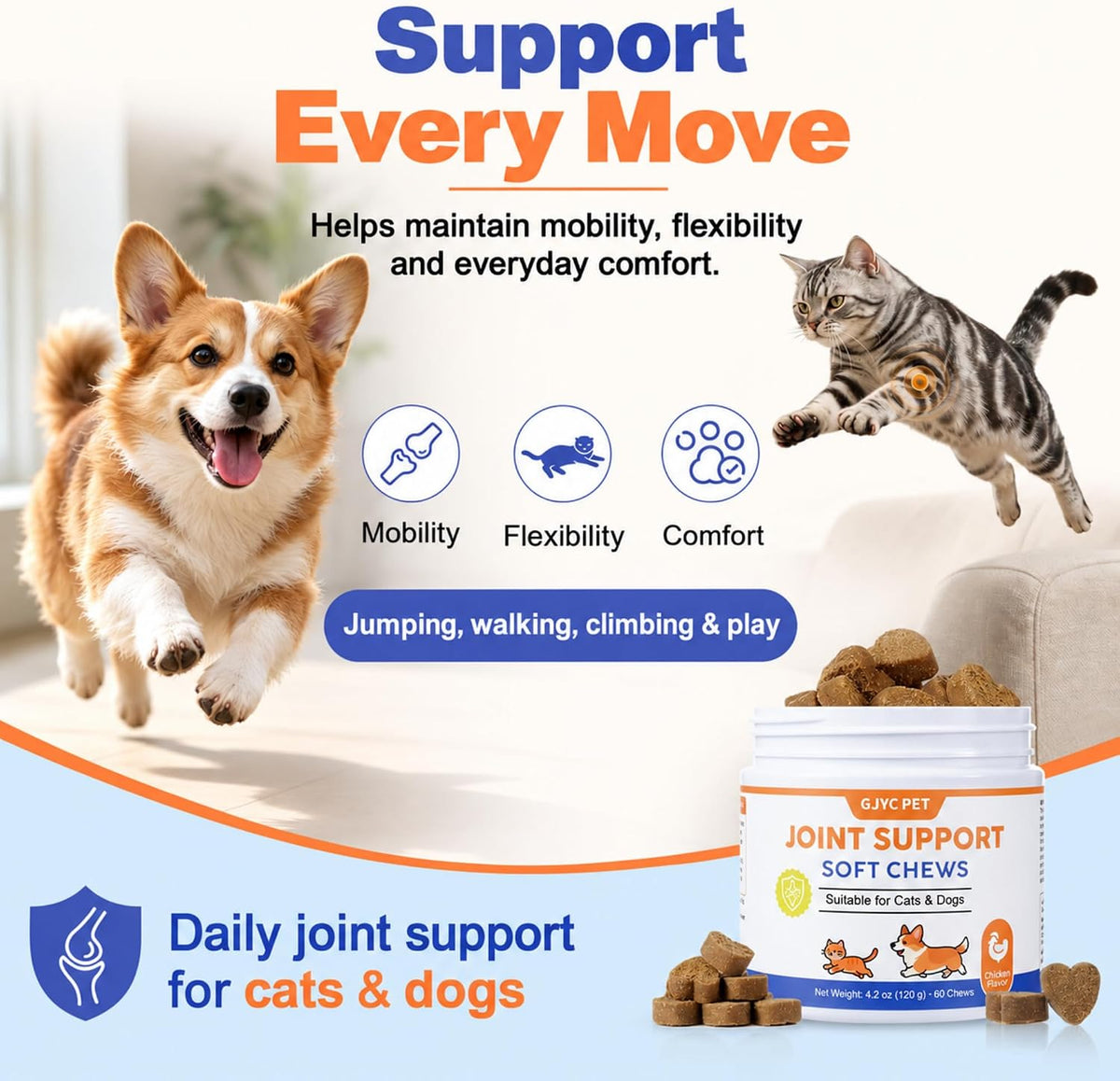 Glucosamine for Cats & Dogs - Hip & Joint Supplement Soft Chews with Chondroitin, MSM, Green-Lipped Mussel & Hyaluronic Acid - Mobility Support for Senior Pets, Chicken Flavor, 60 Count