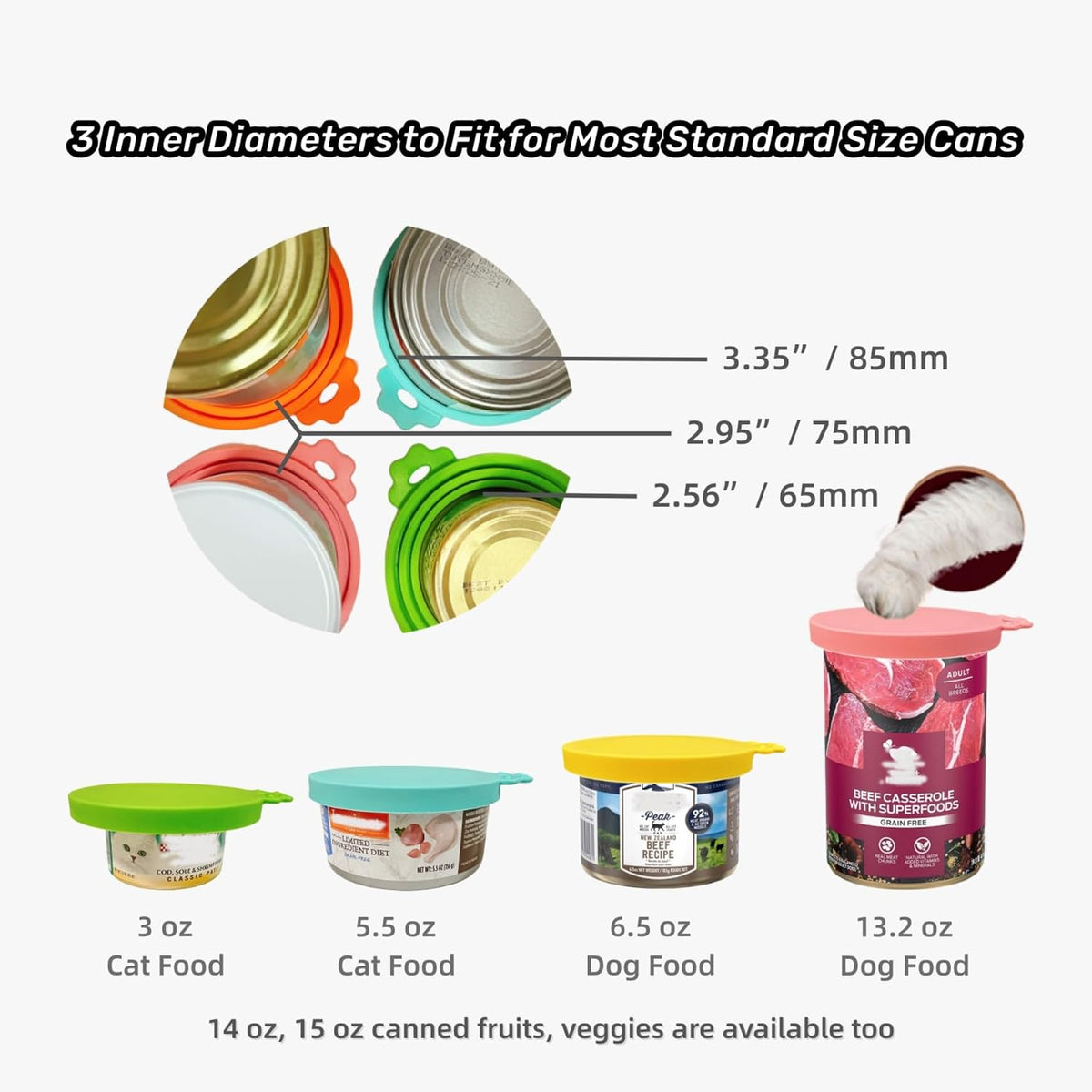 Food Grade Silicone Pet Can Covers, Universal 3-in-1, 2 Lids+Spoon