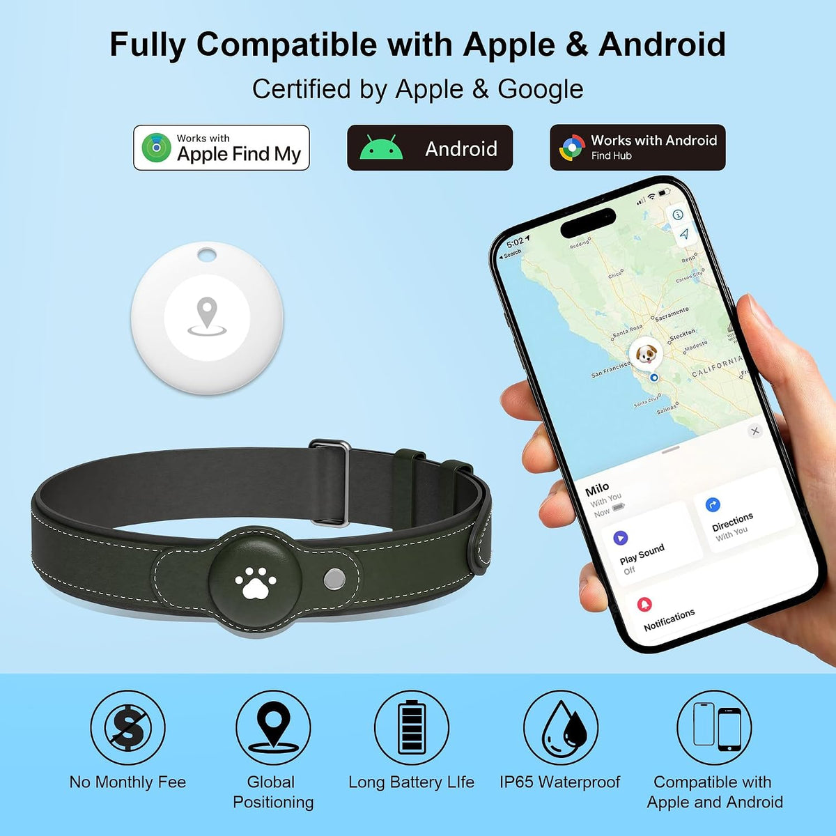 GPS Tracker for Dogs, Dog GPS Tracker Device, Pet Location Tracker with Collar, Real-Time Tracking, No Monthly Fee or Subscription, Waterproof, 365-Day Long Battery Life Dog Collar, iOS & Android