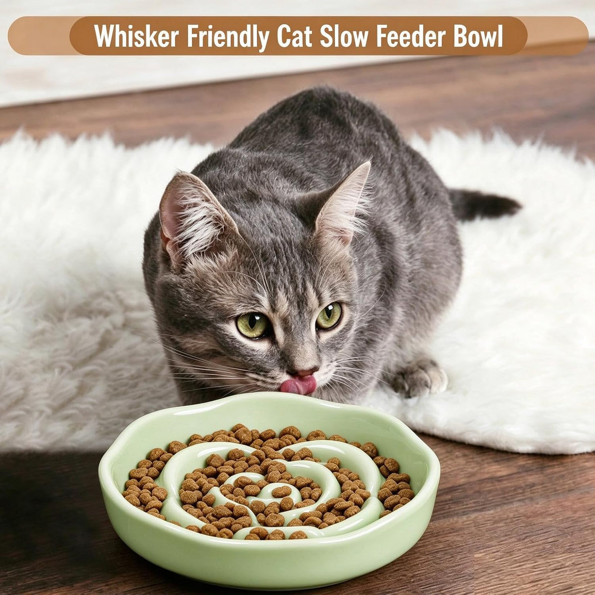 Slow Feeder Cat Bowl Set of 2, Ceramic Slow Feeding Cats Bowl Whisker Friendly, Anti Vomiting Cat Feeder for Dry and Wet Food，Fun Maze Interactive Bloat Stop Puzzle Bowls for Healthy Eating Diet