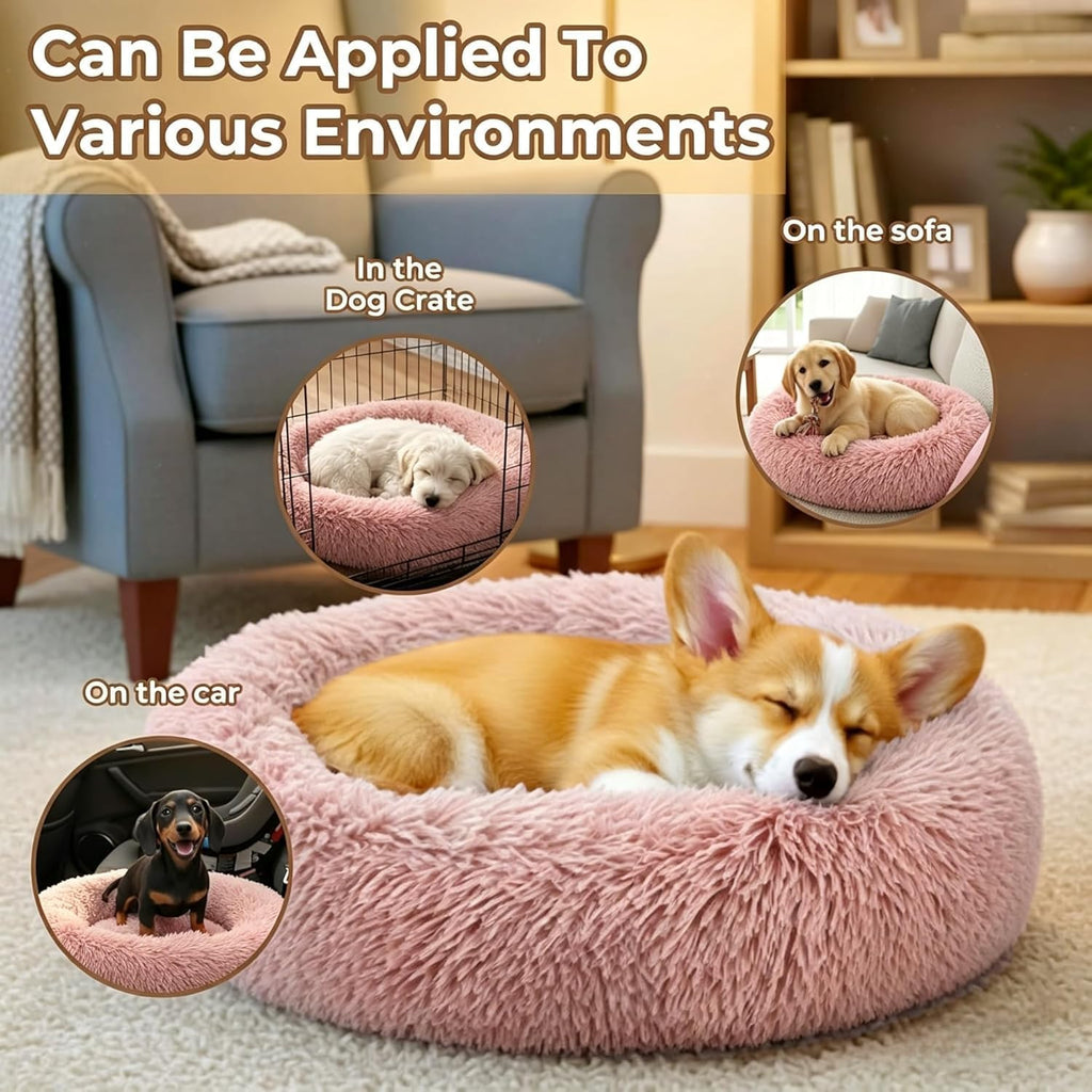 Calming Large Donut Dog and Cat Bed, Anti-Anxiety Round Soft Fluffy Plush Faux Fur Washable Anti-Slip Pet Bed for Medium Dogs Up to 35 lbs 28in Pink