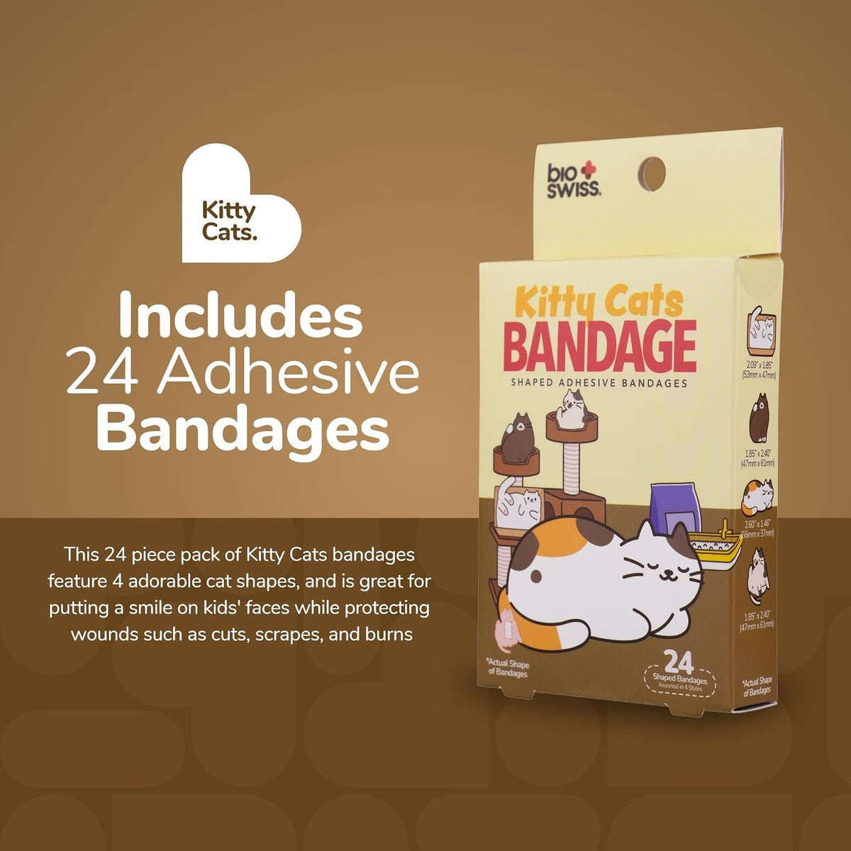 BioSwiss Bandages, Kitty Cats Shaped Self Adhesive Bandage Set, Latex Free, Sterile Wound Care, 24 Count