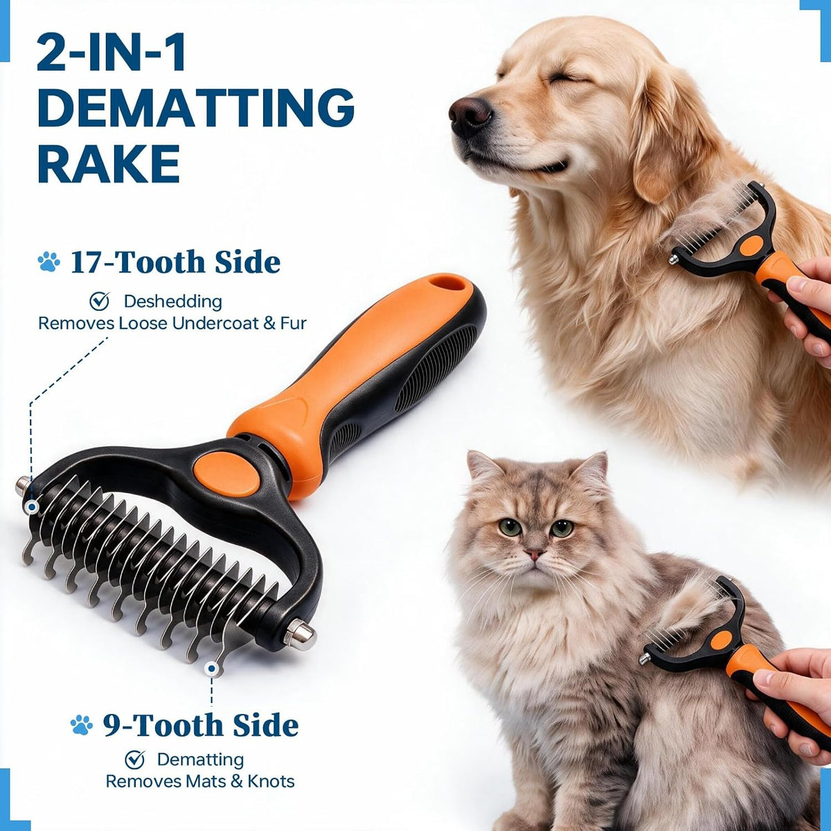 Pet Grooming Comb, Deshedding Dog Brush & Undercoat Rake, Orange