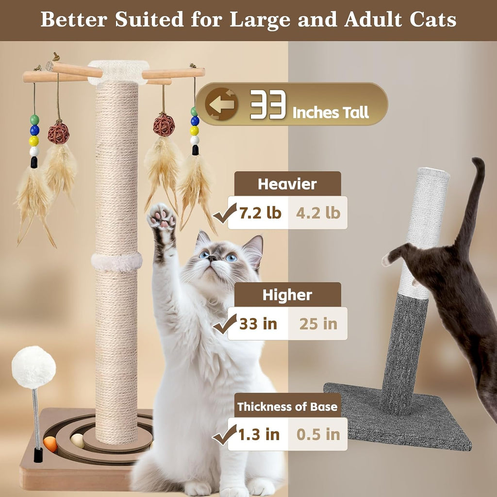 Tall Cat Scratching Post, 33 Inch Sisal Scratcher with Toys for Large Cats