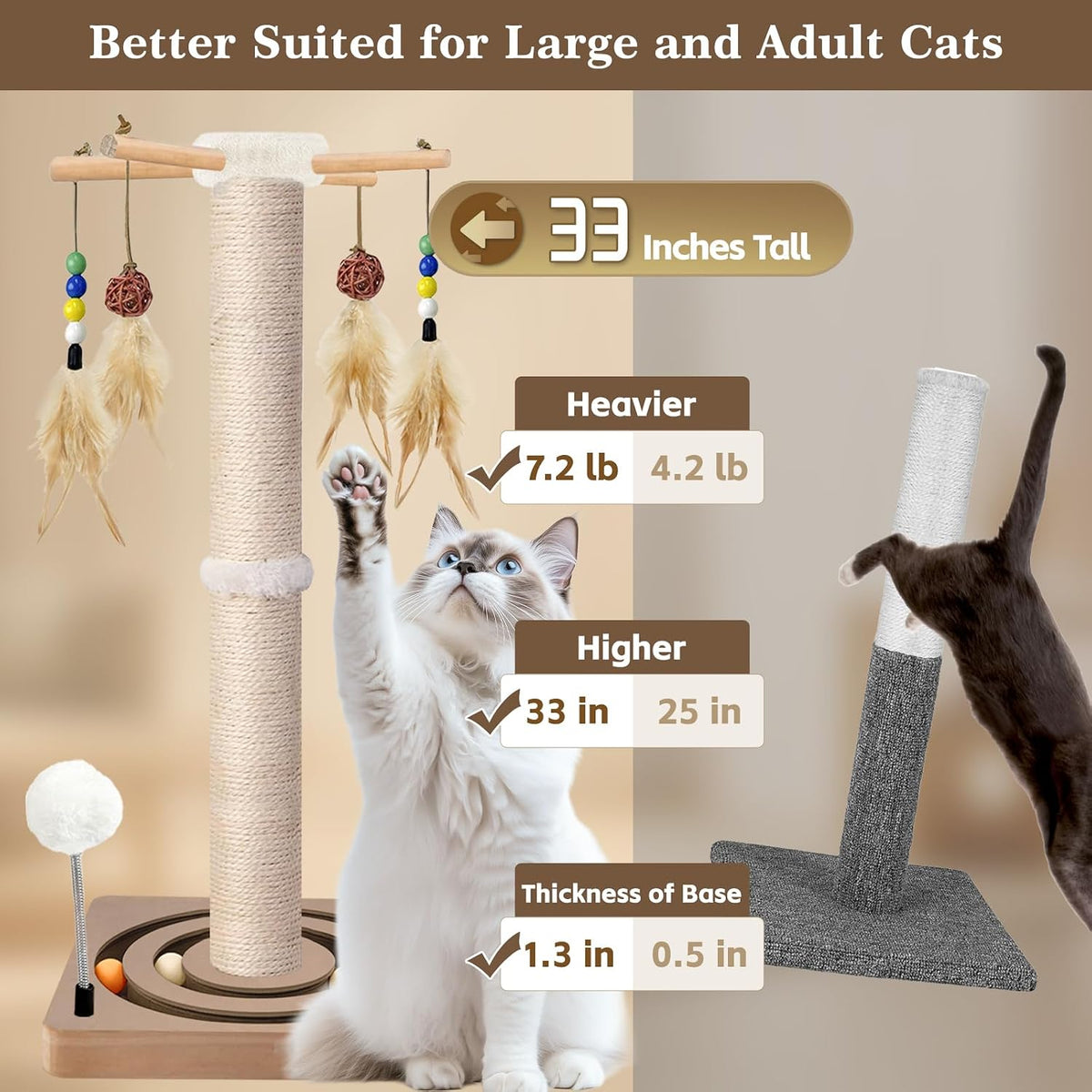 Tall Cat Scratching Post, 33 Inch Sisal Scratcher with Toys for Large Cats