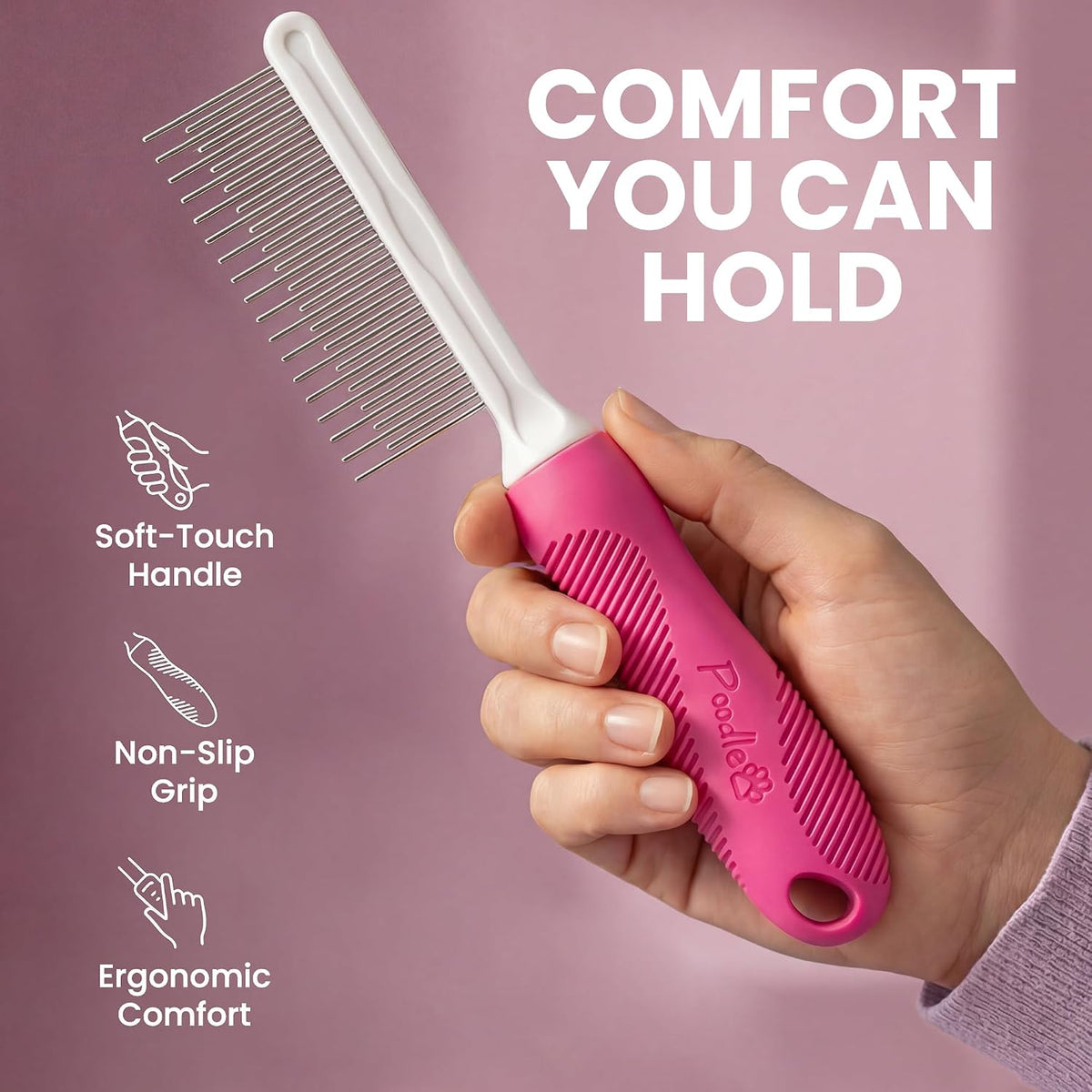 Poodle Pet Detangling Pet Comb with Long & Short Stainless Steel Teeth for Removing Matted Fur, Knots & Tangles – Detangler Tool Accessories for Safe & Gentle DIY Dog & Cat Grooming (Pink)