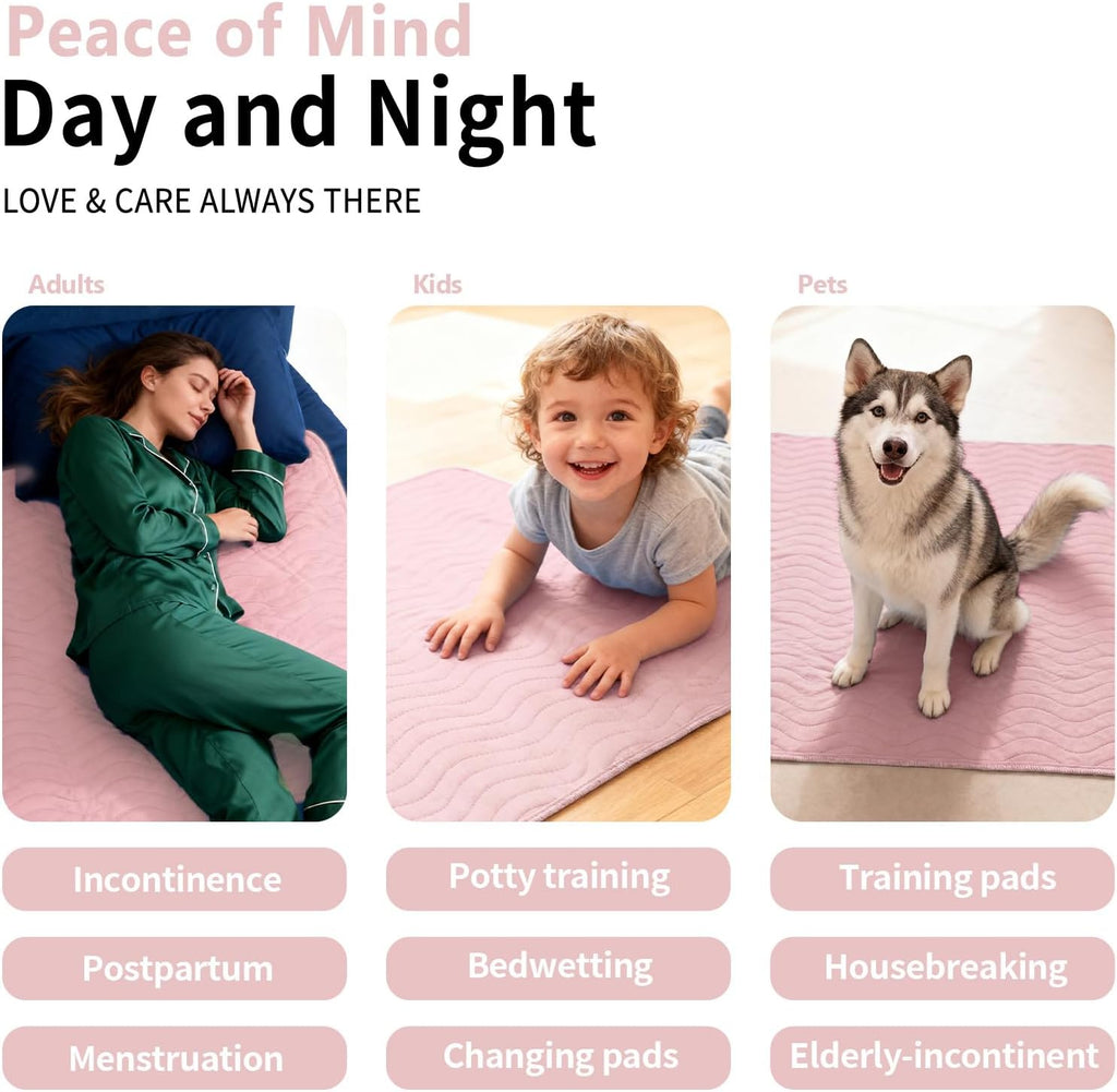Accompagner Incontinence Bed Pads Washable Waterproof Underpads 36"x54" 2pc | 4-Layer Heavy-Absorbency Reusable Pee Pads for Adults, Kids, Elderly, Dogs, Bedridden, Bedwetting, Nursing, Sofa (Pink)