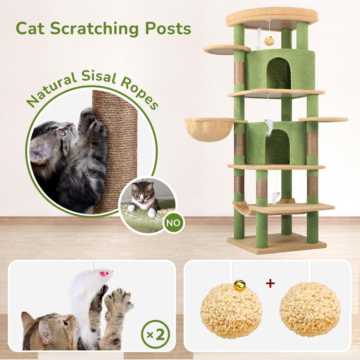 Globlazer 66in Cactus Corner Cat Tree for Indoor Large Cats, C66, Green