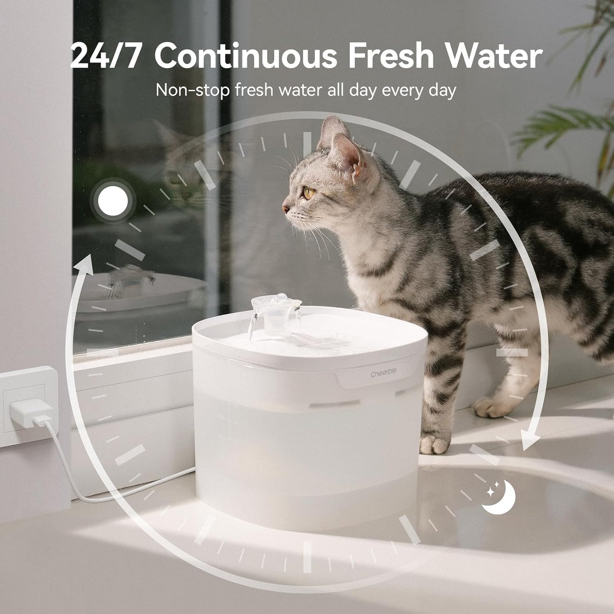 Cheerble Pumpless Pet Fountain Elfin E1 lite with 9 Extra Filters, 2L/67oz Automatic Pet Fountain, Elfin E1 Lite Cat Fountain for Drinking, MagDrive™ Technology, Continuous Flow Mode, BPA-Free