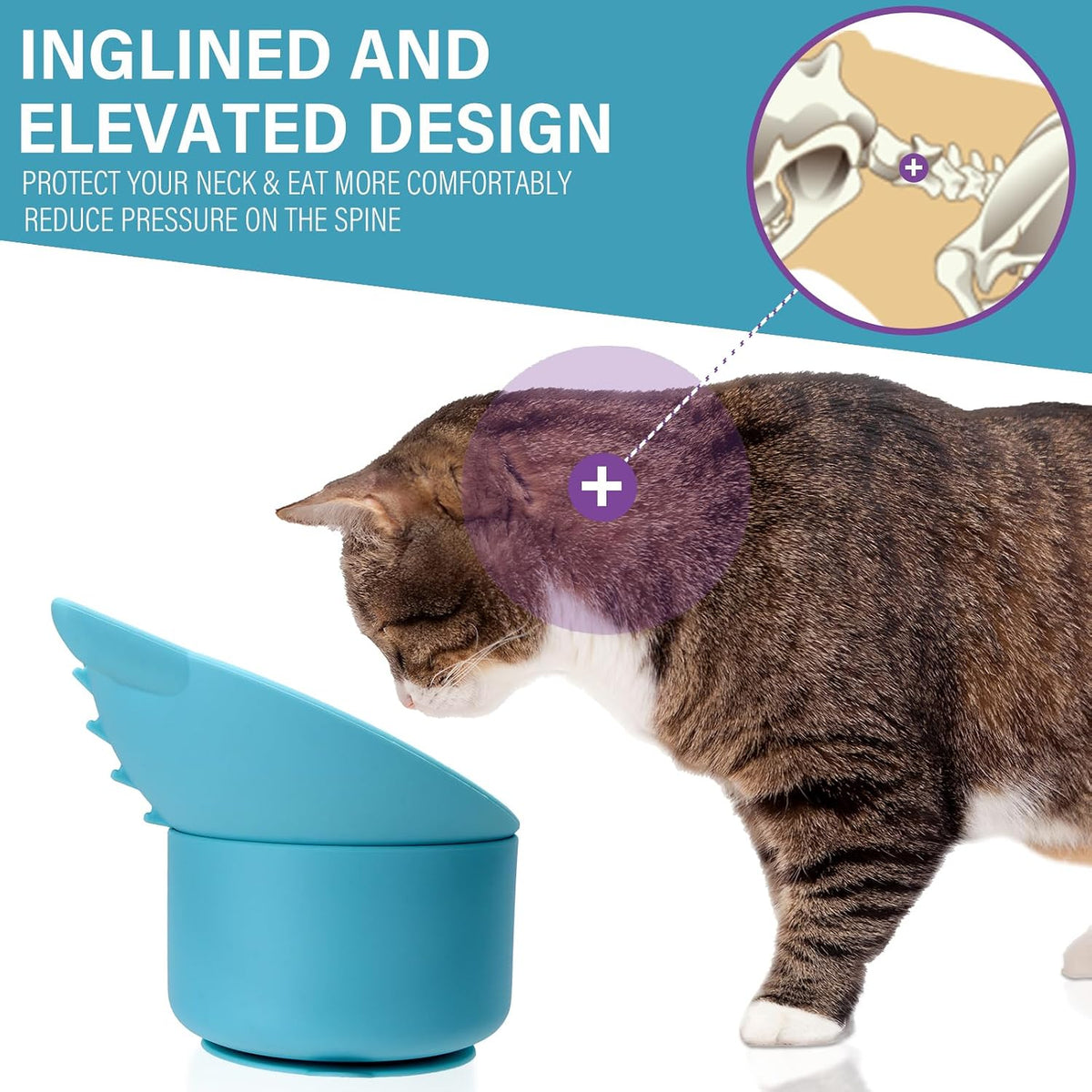 Silicone Cat Slow Feeder, Elevated Slow Feeder Bowl Tilt Design, Suitable for Dry and Wet Food, Adjustable Angle, Cat Food Puzzle with Suction Cup(Blue)