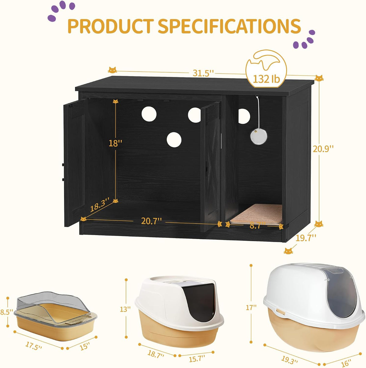 Hzuaneri Cat Litter Box Enclosure, Hidden Litter Box Cabinet Furniture | Indoor Cat House with Bell, Farmhouse Style, 31.5 x 19.7 x 20.9 Inches, for Hallway, Bedroom, Black CB82404X