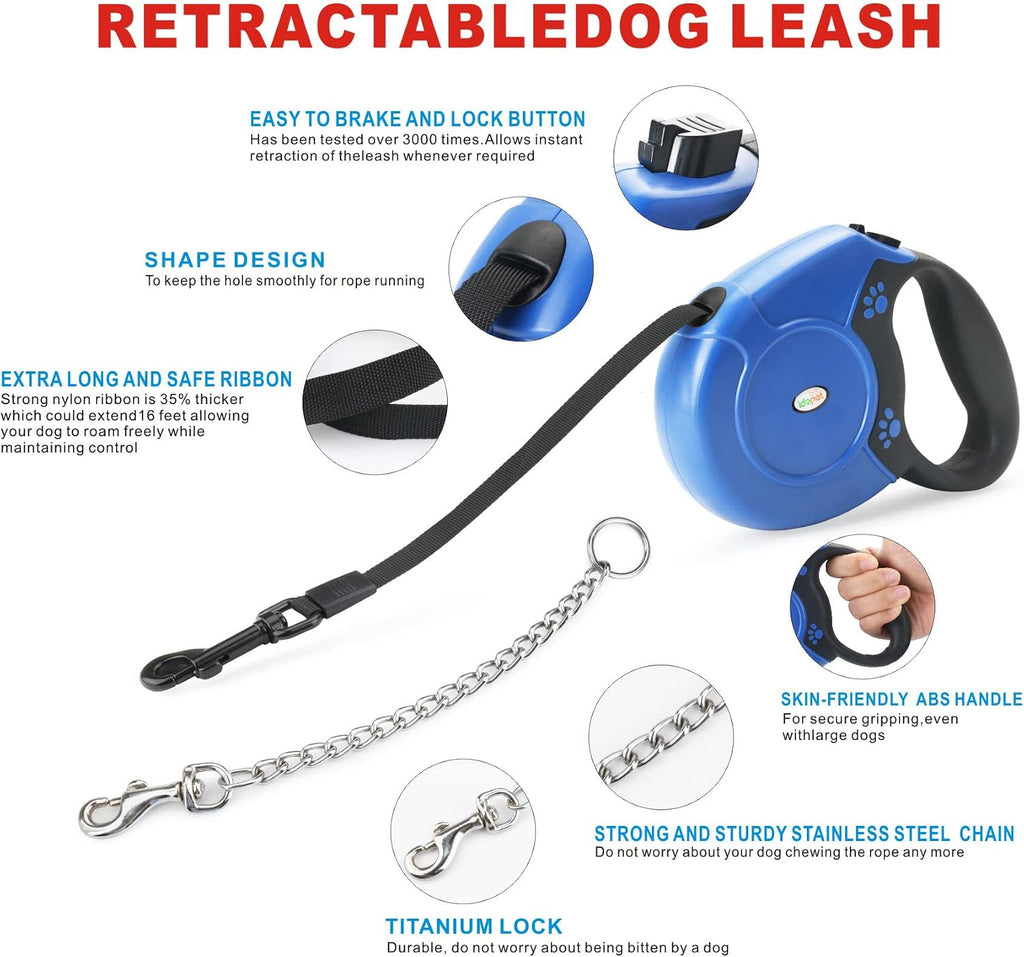 Idepet Heavy Duty Retractable Dog Leash Steel Chain 16ft Pet Leashes