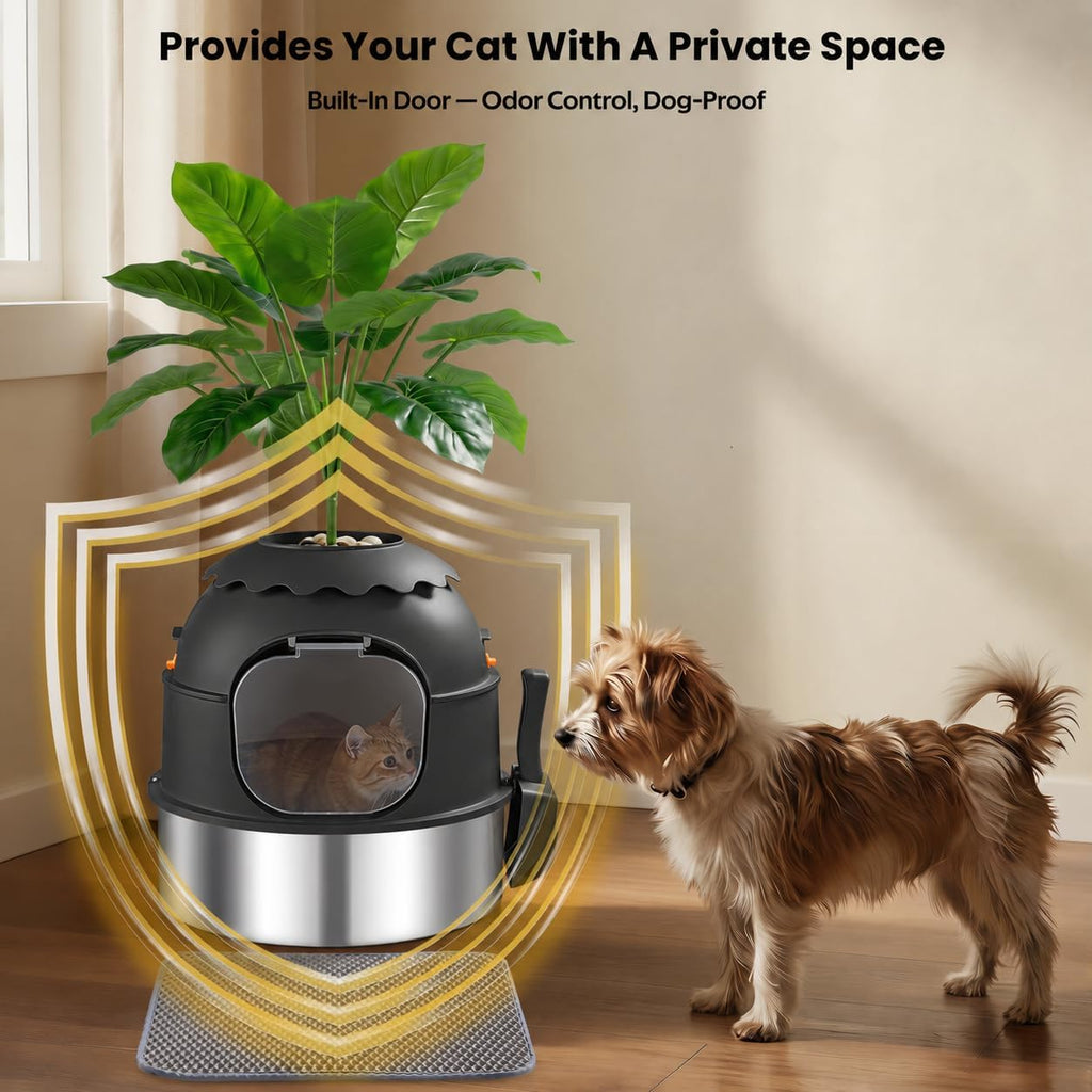 Hidden Litter Box, Stainless Steel Litter Box with Faux Plant Decor, Litter Box Enclosure with Clear Front Door, Includes Scoop & Litter Mat, Odor Control, Easy to Clean (Black)