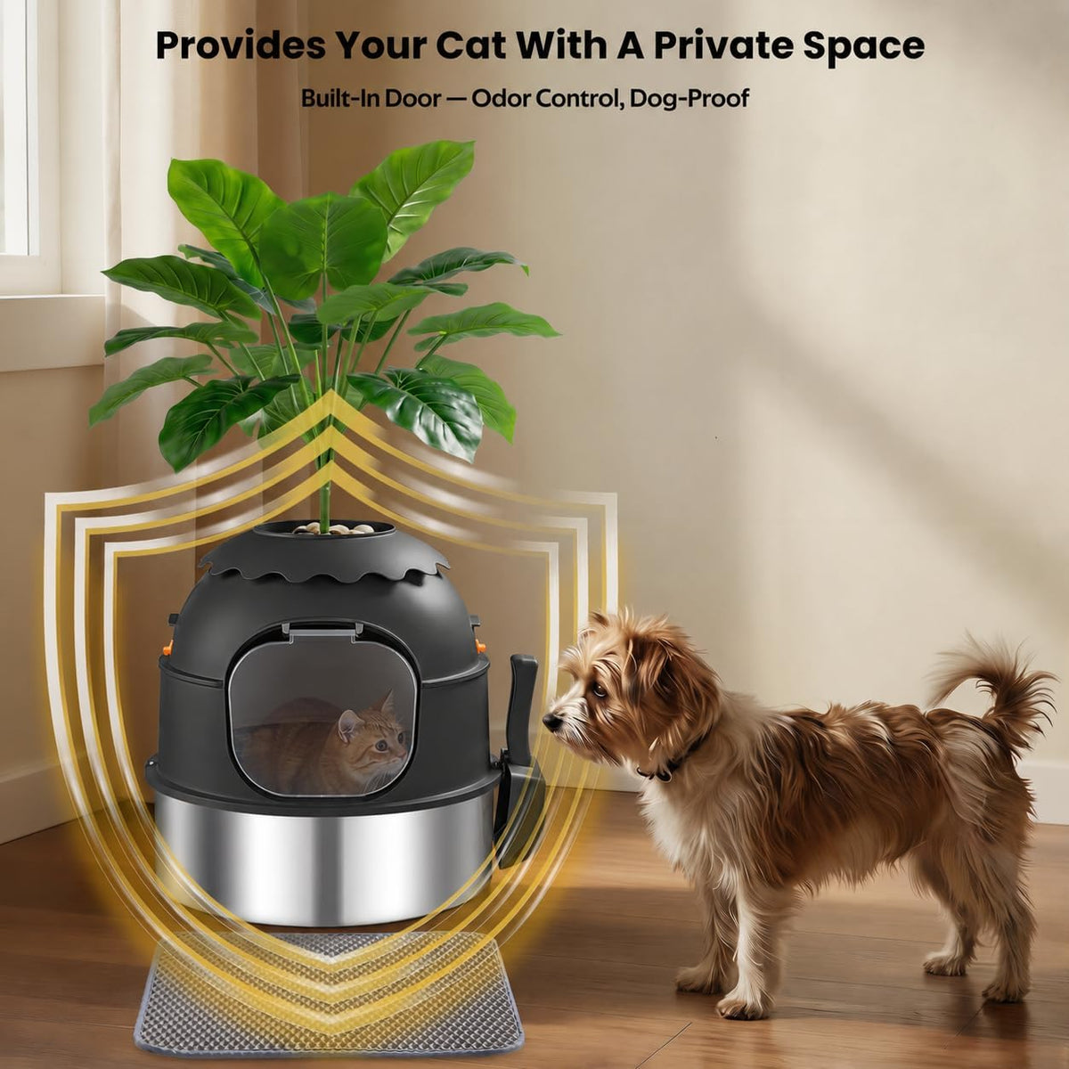 Hidden Litter Box, Stainless Steel Litter Box with Faux Plant Decor, Litter Box Enclosure with Clear Front Door, Includes Scoop & Litter Mat, Odor Control, Easy to Clean (Black)