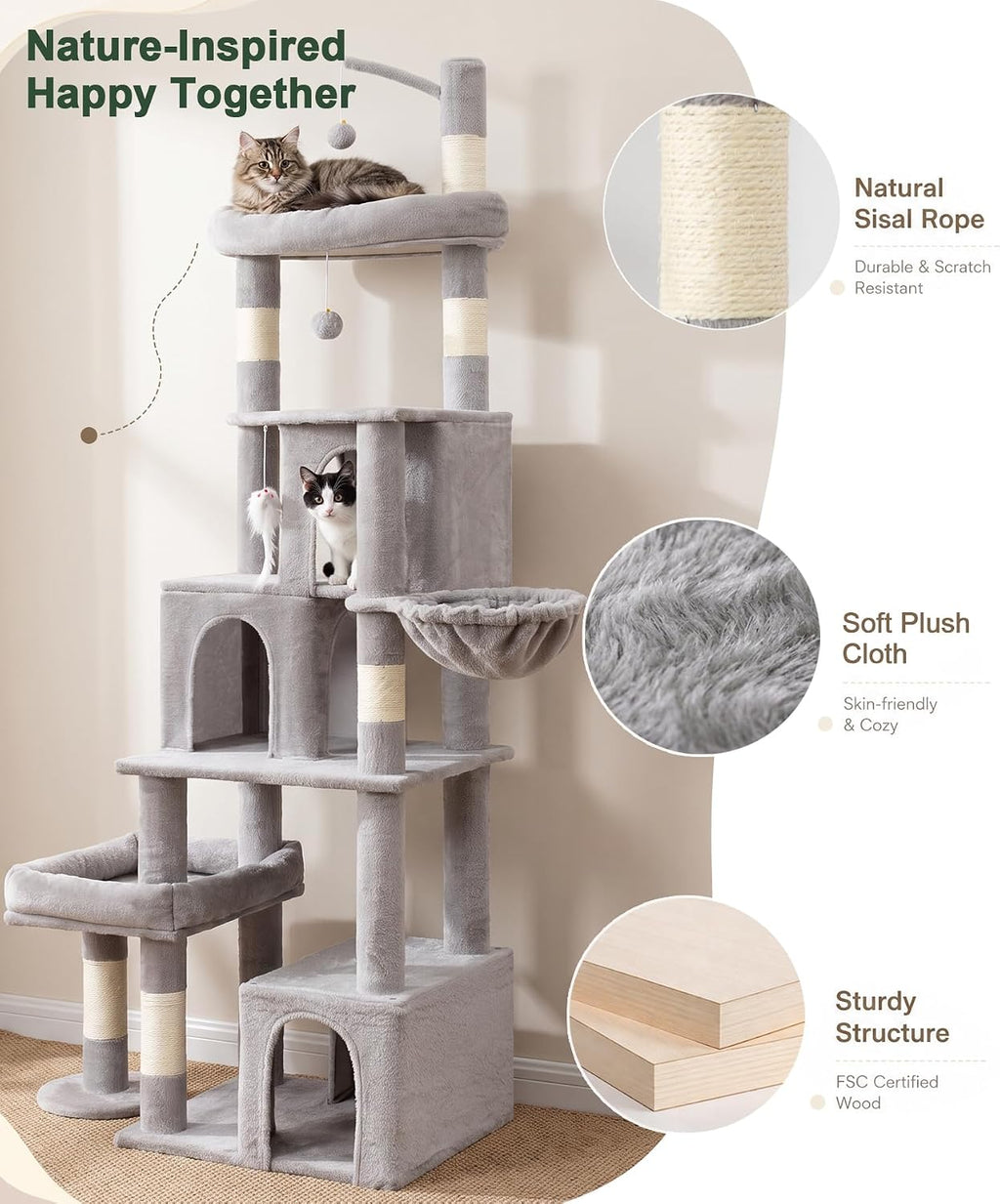 Heavy Duty Cat Tree Tower, 74 Inch Cat Trees for Large Cats