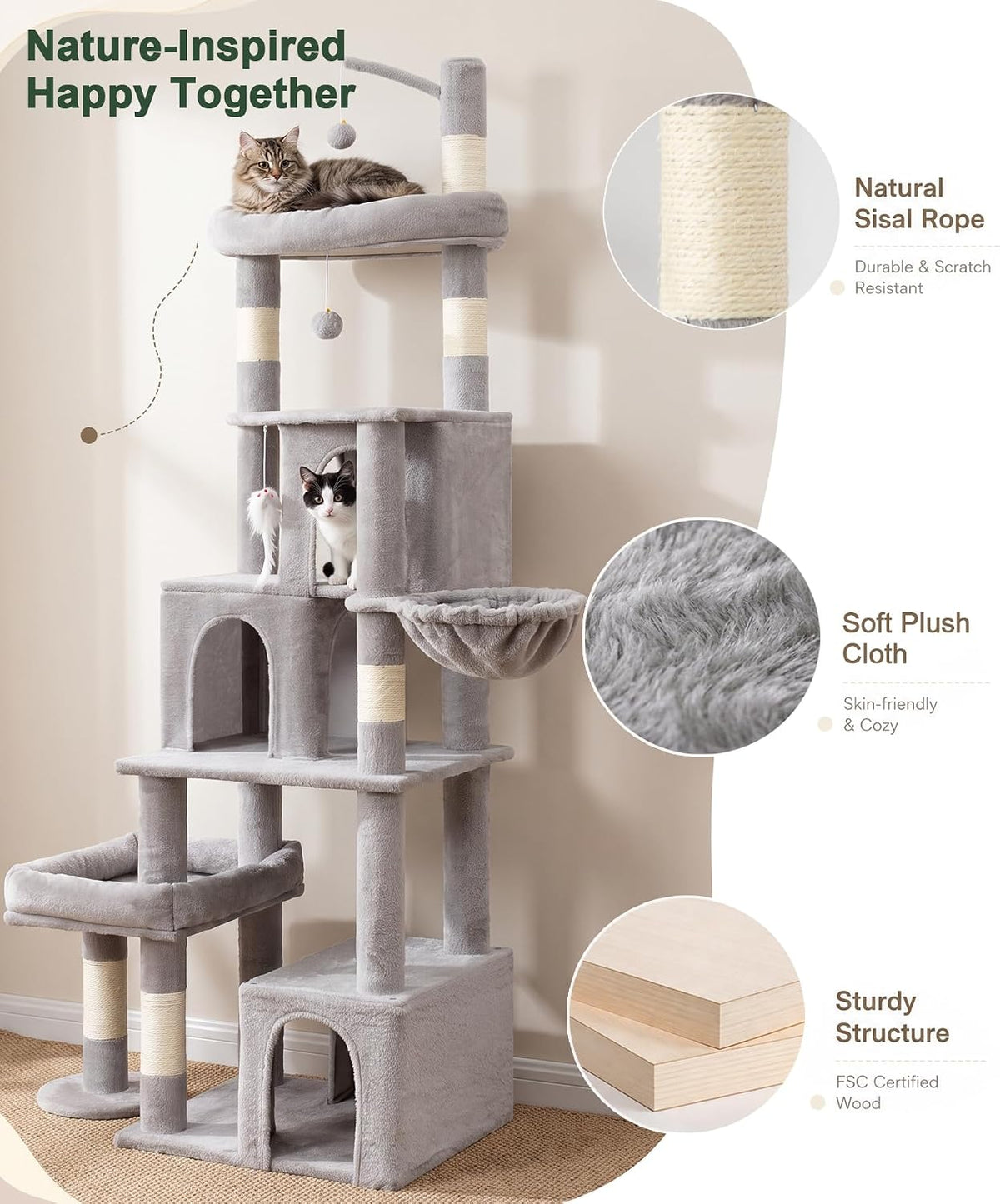 Heavy Duty Cat Tree Tower, 74 Inch Cat Trees for Large Cats