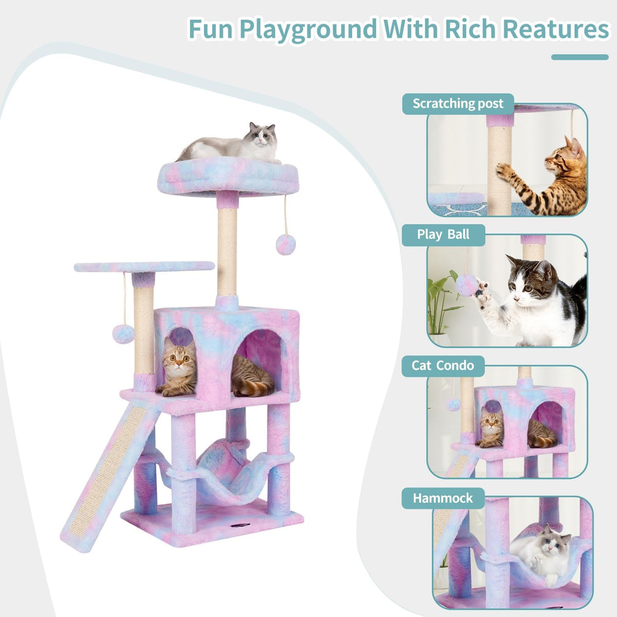 Cut Cat Tree Cat Tower Condo with Hammock Kittens Scratching Post Rainbow