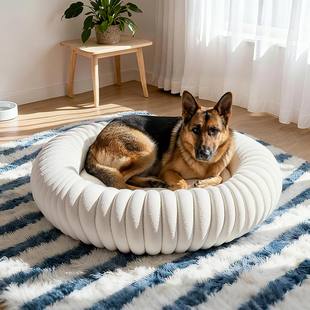 Calming Dog Bed Anti-Anxiety Donut Dog Beds for Small Medium Large Dogs,Washable Plush Fluffy Indoor Cat Kitten Round Cuddler Cushion (Cream, Large-36 inch)