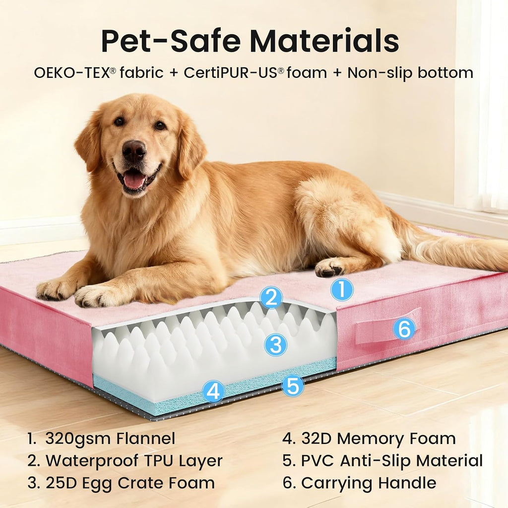 OhGeni Orthopedic Large Dog Bed, Reversible Memory Foam, 41 inch-XL(Pink)