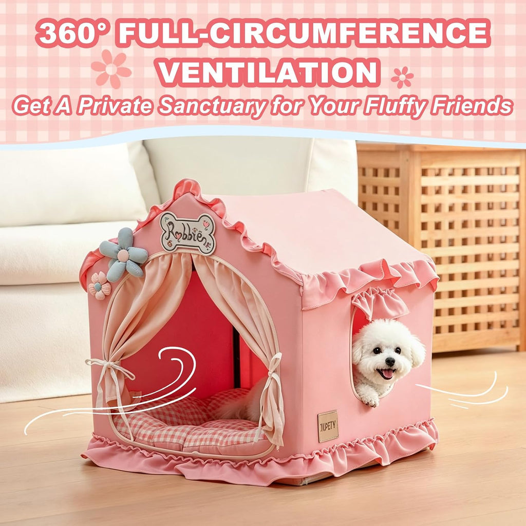 Jiupety Indoor Dog House with Frame,Cute Dog Tent Bed with Cover Cave,Pink