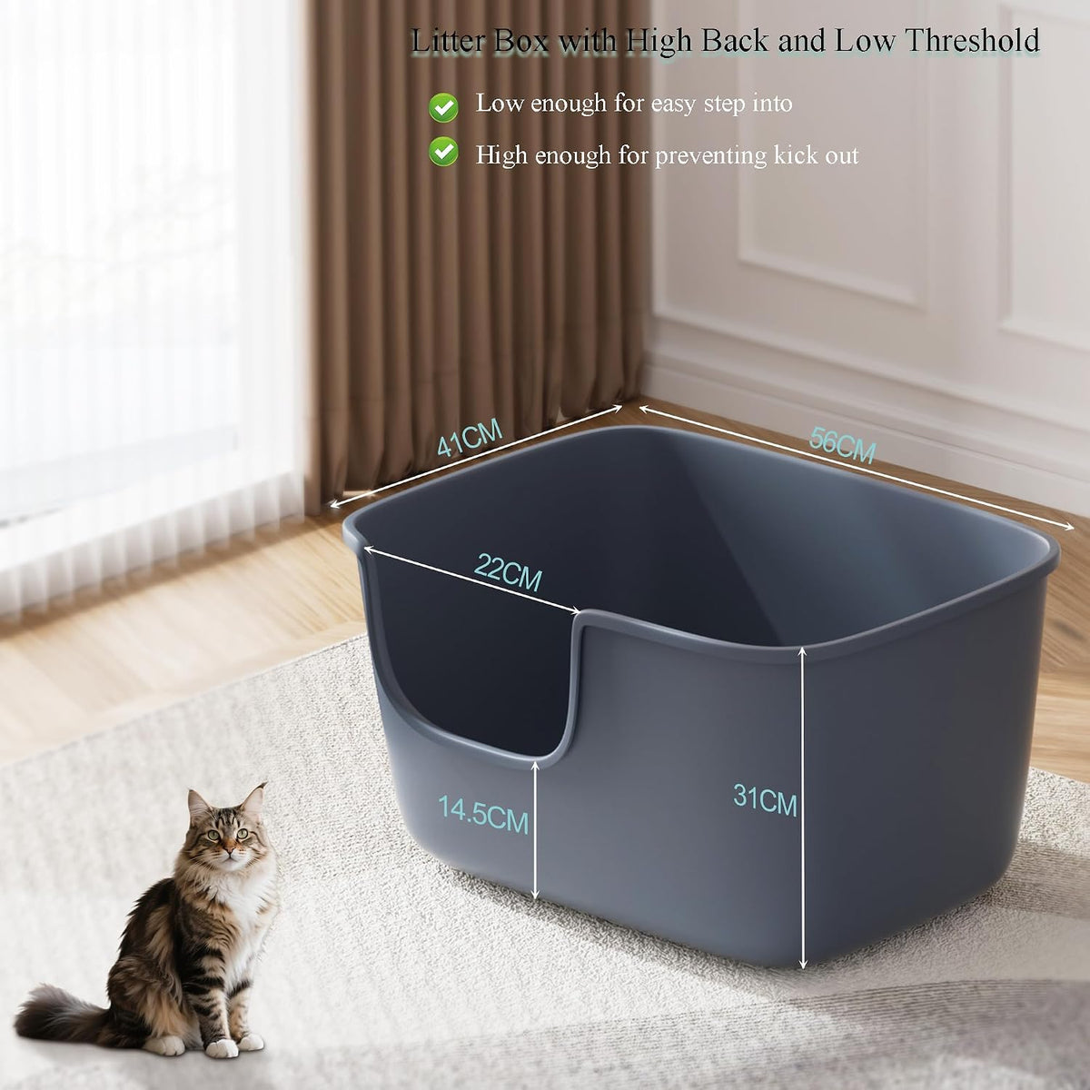 Vealind Large Cat Litter Box for Indoor Cats High Sided and Low Entry Litter Box 22.2"×14.9"×12" Tall Litter Boxes with High Back Deep Wall XL Cat Litter Boxes (Grey)