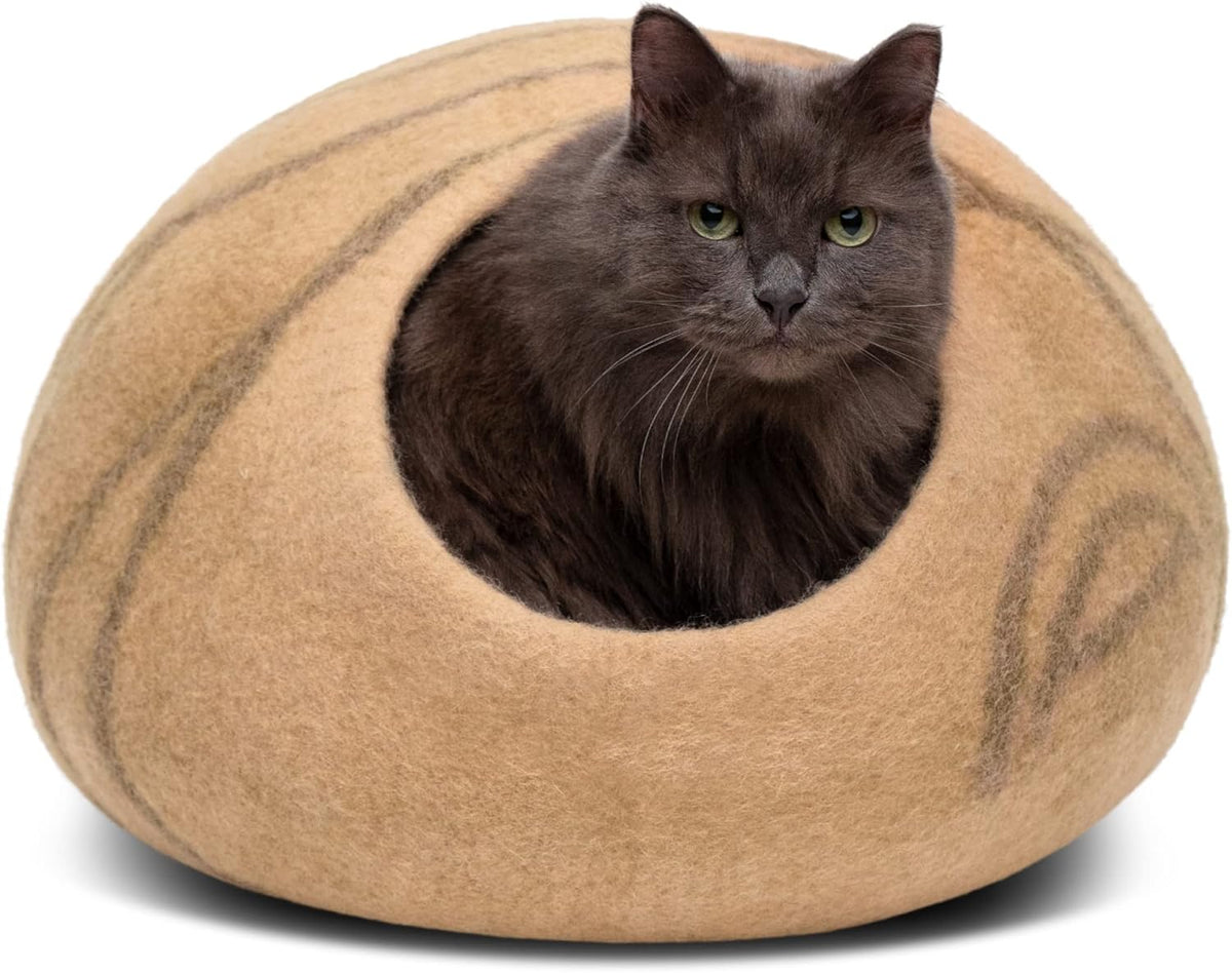 MEOWFIA Cat Cave - New Zealand Wool Bed for Indoor Cats (Beige)