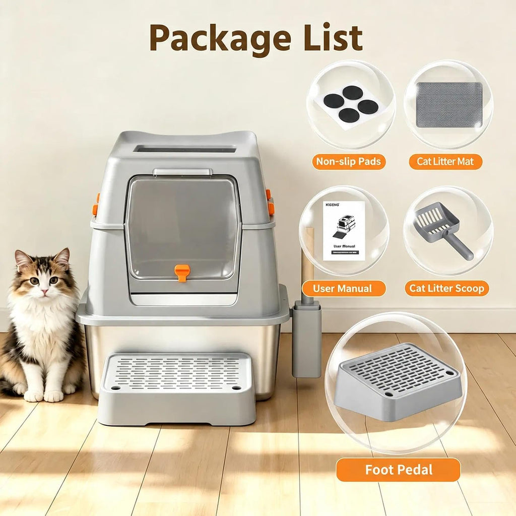 XL Stainless Steel Litter Box with Lid, Enclosed Metal Cat Pan