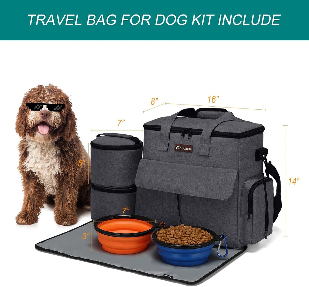 Modoker Weekend Dog Travel Bag with 2 Food Bags, 2 Bowls and Mat, Dark Gray