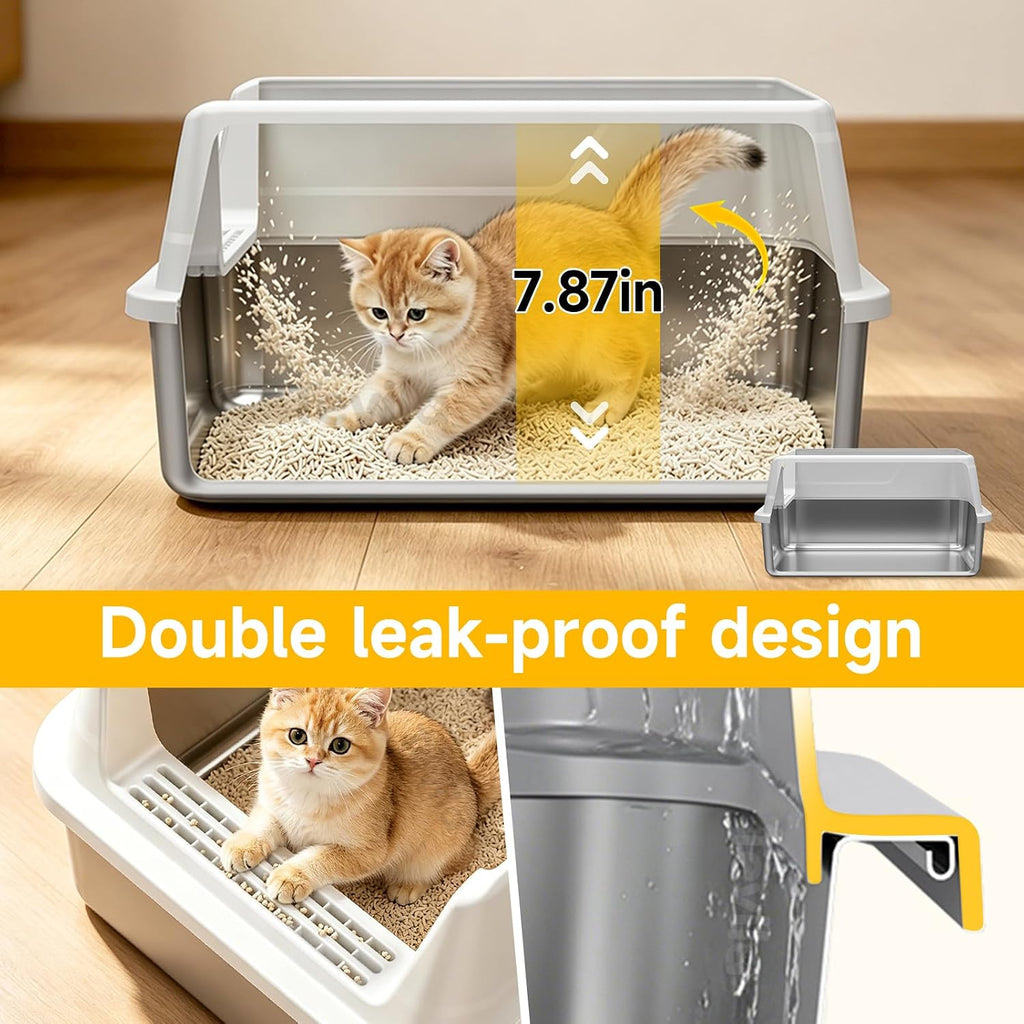 Stainless Steel Cat Litter Box with Scoop,M Metal Pan for Kittens | Metal Litter Box with High Sides & Lid, Open Top Low Entry , Non-Stick Easy Clean ，Kitty Cat Box for Indoor Cats, High Wall