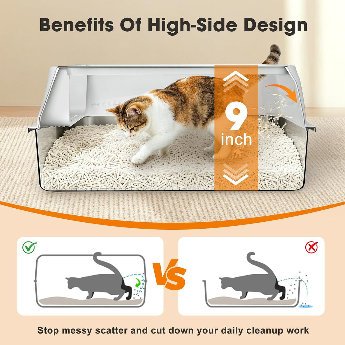 AIPERRO Stainless Steel Litter Box with Lid, XL High Sided for Large Cats