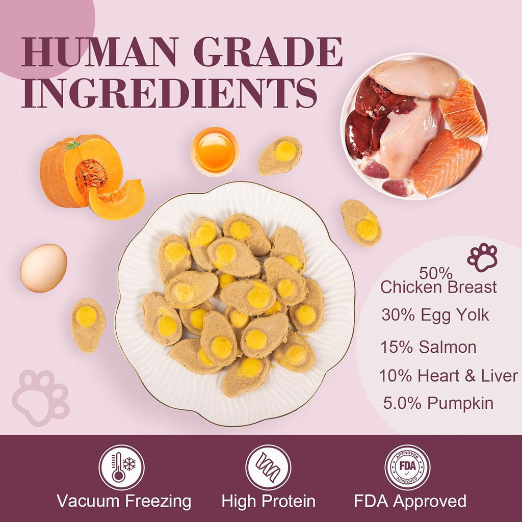 Dylan's cabin Freeze Dried Chicken Cat & Dog Treats - High Protein Poached Eggs Bites with Salmon & Pumpkin Training Kitten Puppy Snack for Coat Gut Healthy, 34pcs