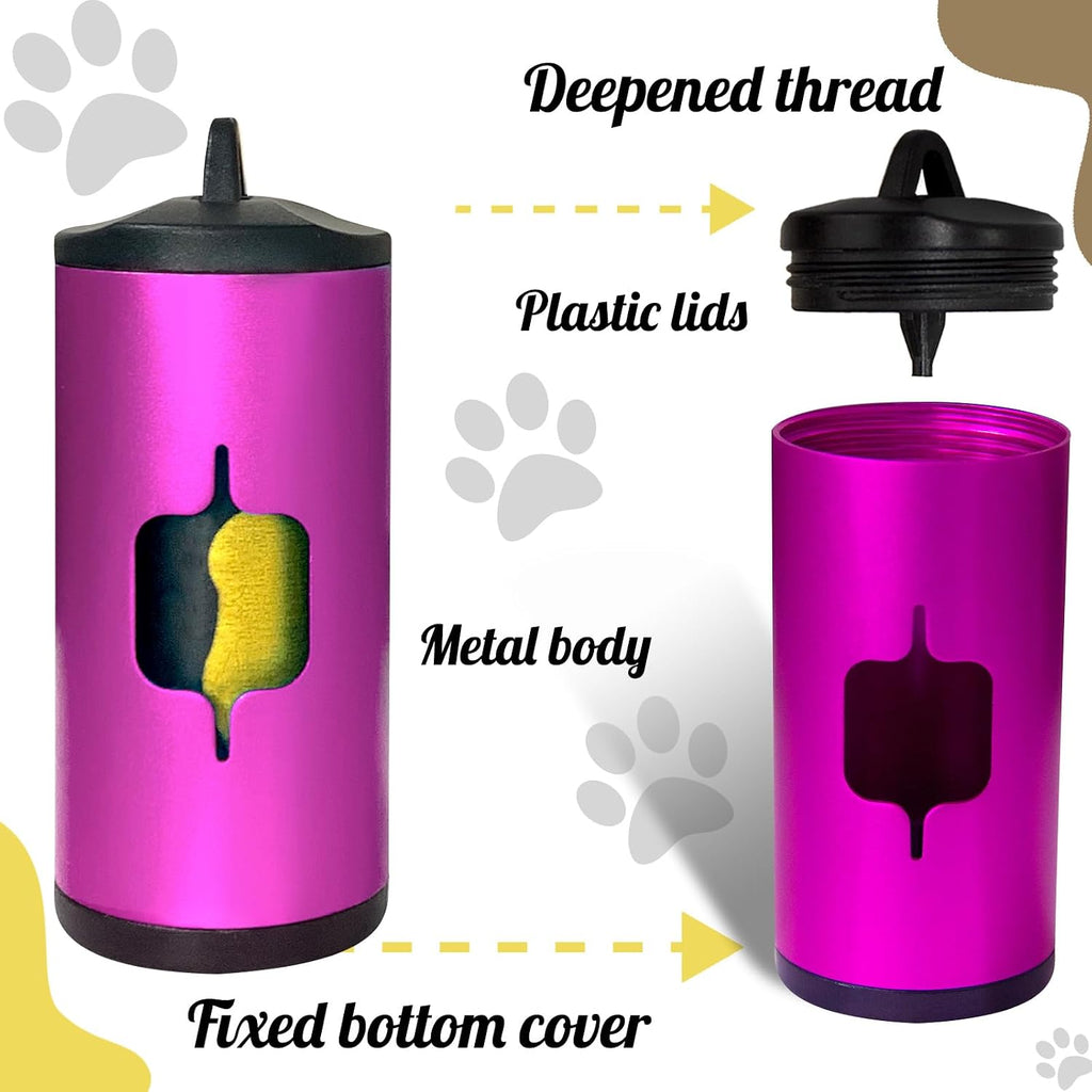 Metal Dog Poop Bag Holder w/Leash Clip|Durable Scratch-Resistant Aluminum|15 Bags+3 Accessories(Pink)