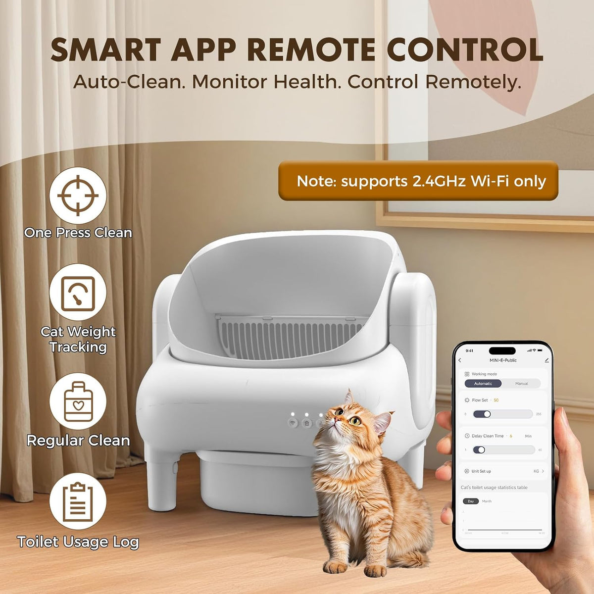GTPLAYER Smart Cat Litter Box, Open-Top Self Cleaning Cat Litter Box with App Control, Safety Sensors, Large Capacity Waste Bin, Easy Maintenance, Automatic Litter Box for Multi-Cat Homes, White